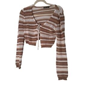 SheIn Brown and White Striped Tie Front Cardigan Crop Sz M